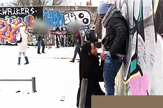 Black and white couple banging in winter months outside