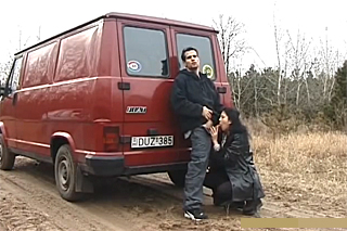 Horny couple fucking inside a van by the road!